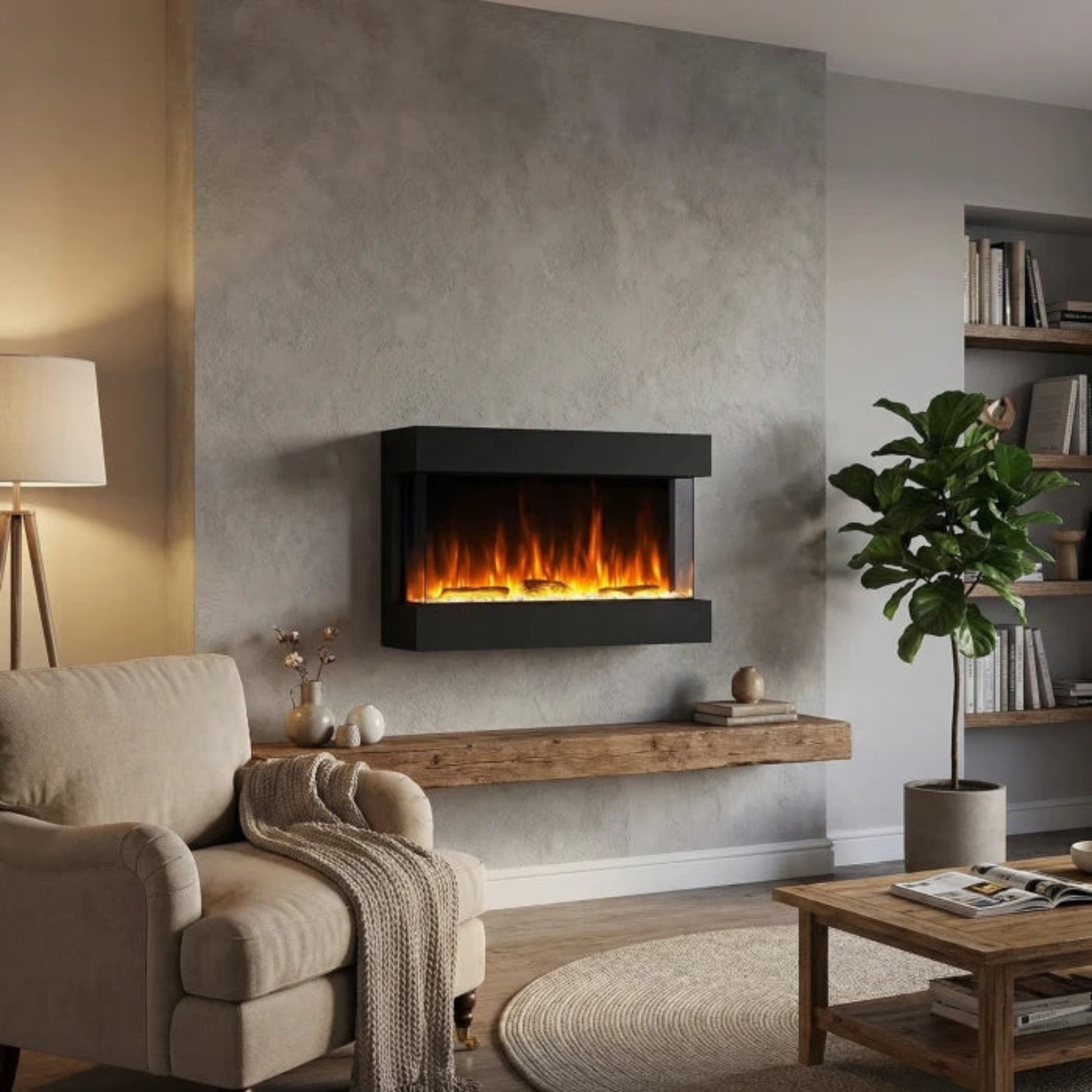 Modern living room with a wall-mounted electric fireplace, beige armchair, and wooden coffee table.