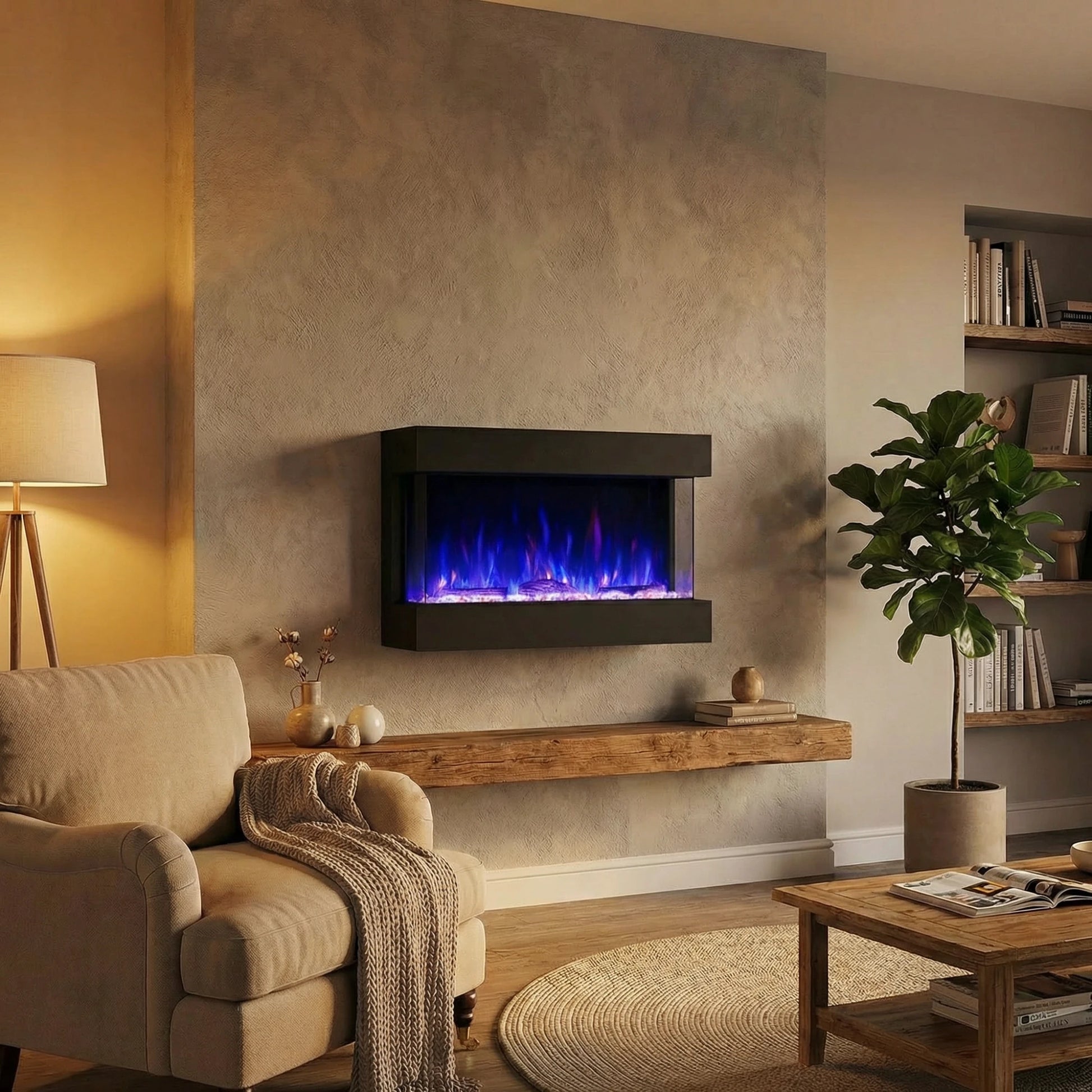 Living room with a wall-mounted electric fireplace, beige armchair, and wooden coffee table.