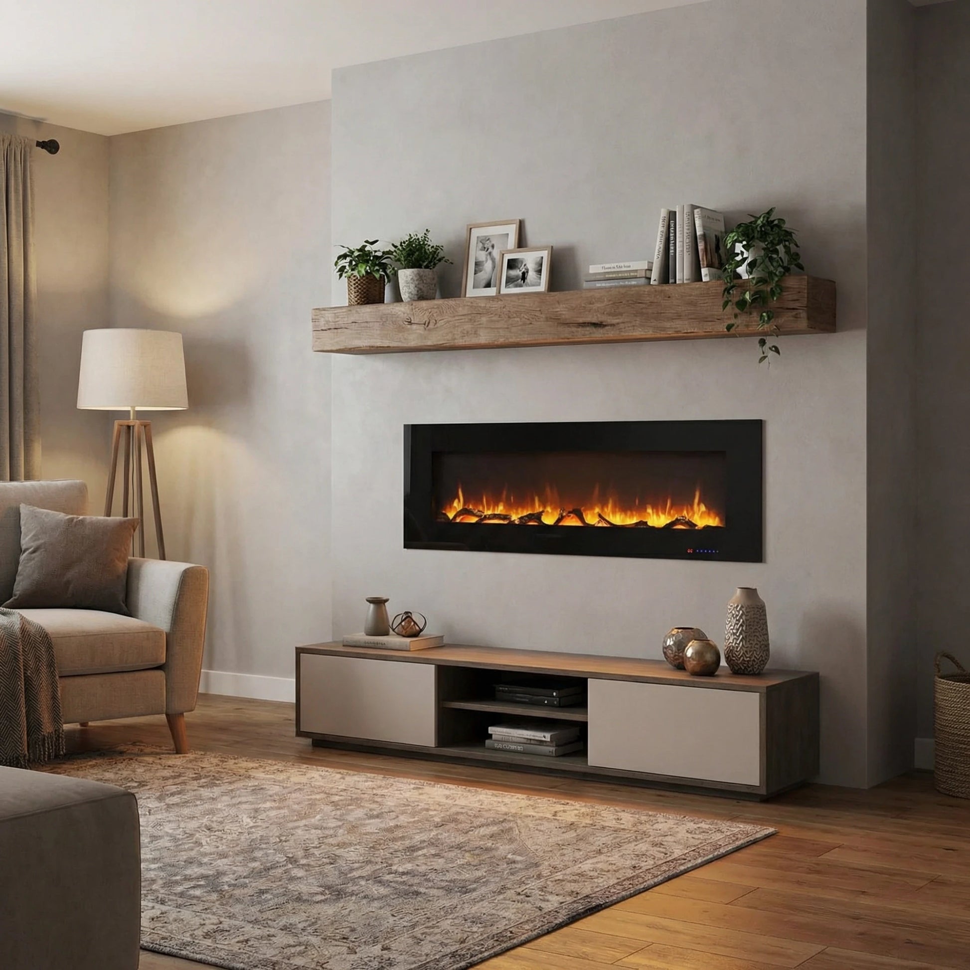 Modern living room with a wall-mounted electric fireplace, TV stand, and decorative items.