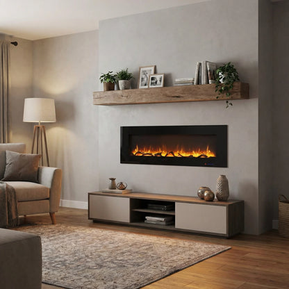 Modern living room with a wall-mounted electric fireplace, TV stand, and decorative items.
