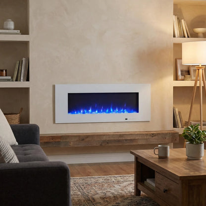 Modern living room with a wall-mounted electric fireplace, sofa, coffee table, and decorative items.