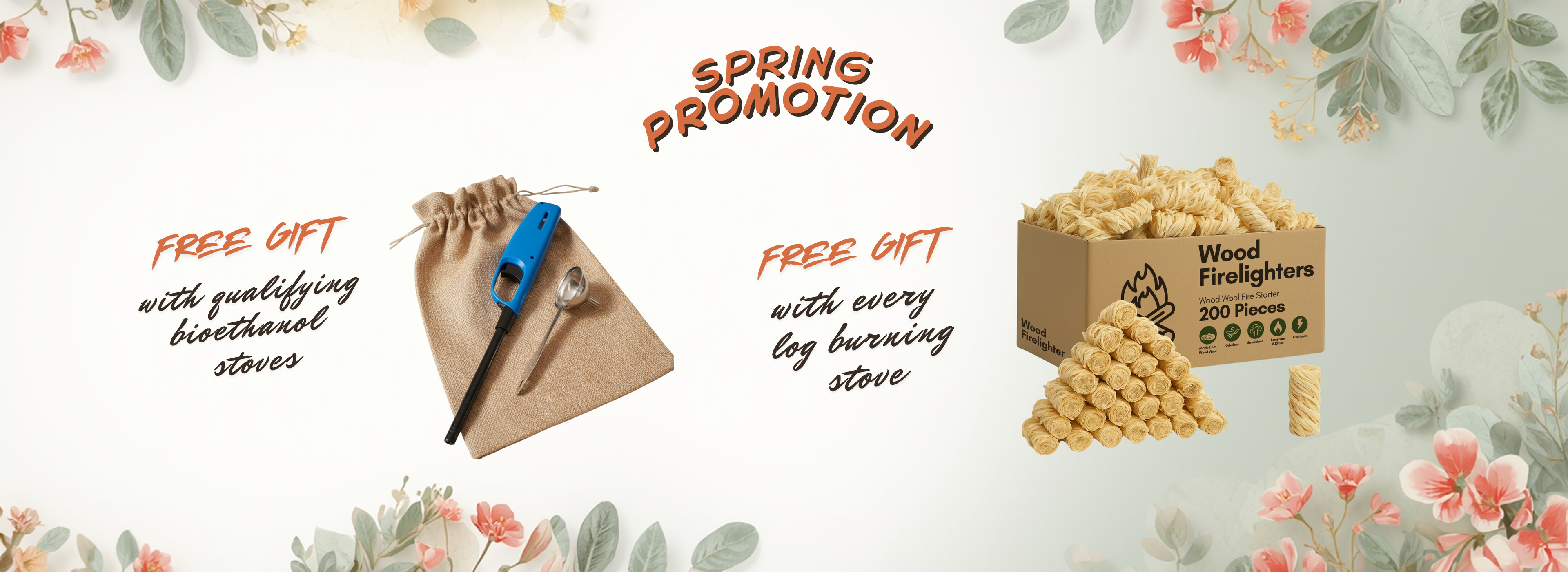Promotional banner for a spring promotion with wood pellets, tools, and a free gift offer on a floral background.
