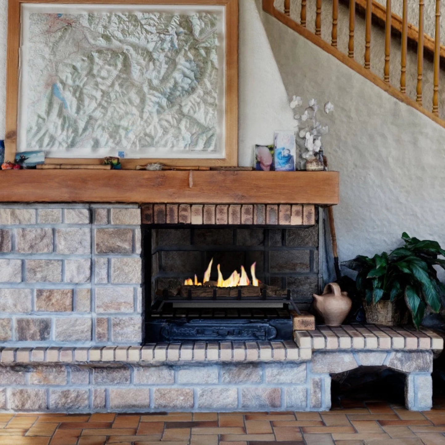 ScandiFlames Bioethanol Fire Grate XL – 80 cm in a brick fireplace with wooden mantel and decorative items in a home setting.