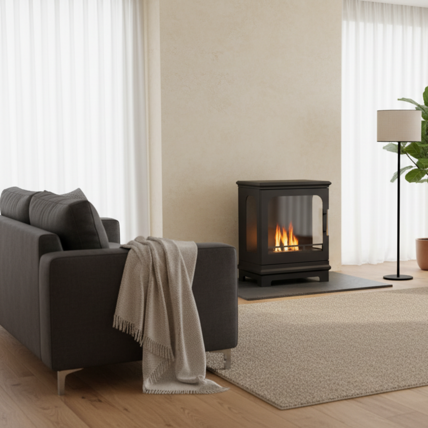 Modern living room with a fireplace, sofa, armchair, and decorative elements.