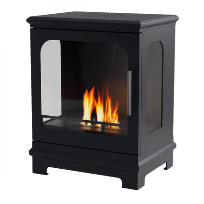 Black freestanding fireplace with visible flames on a white background