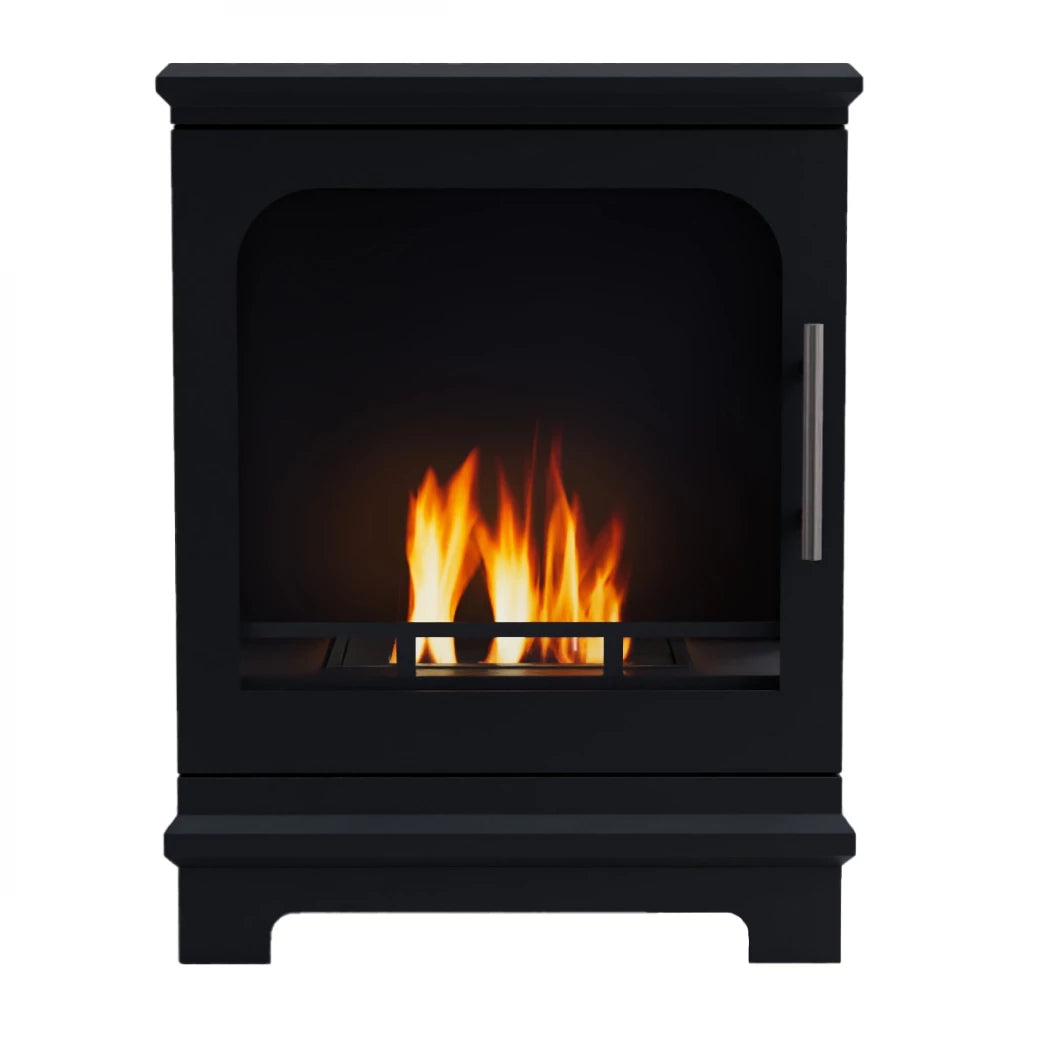 Black freestanding fireplace with flames inside on a white background