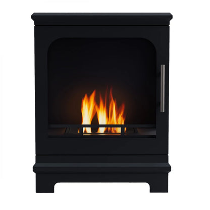 Black freestanding fireplace with flames inside on a white background