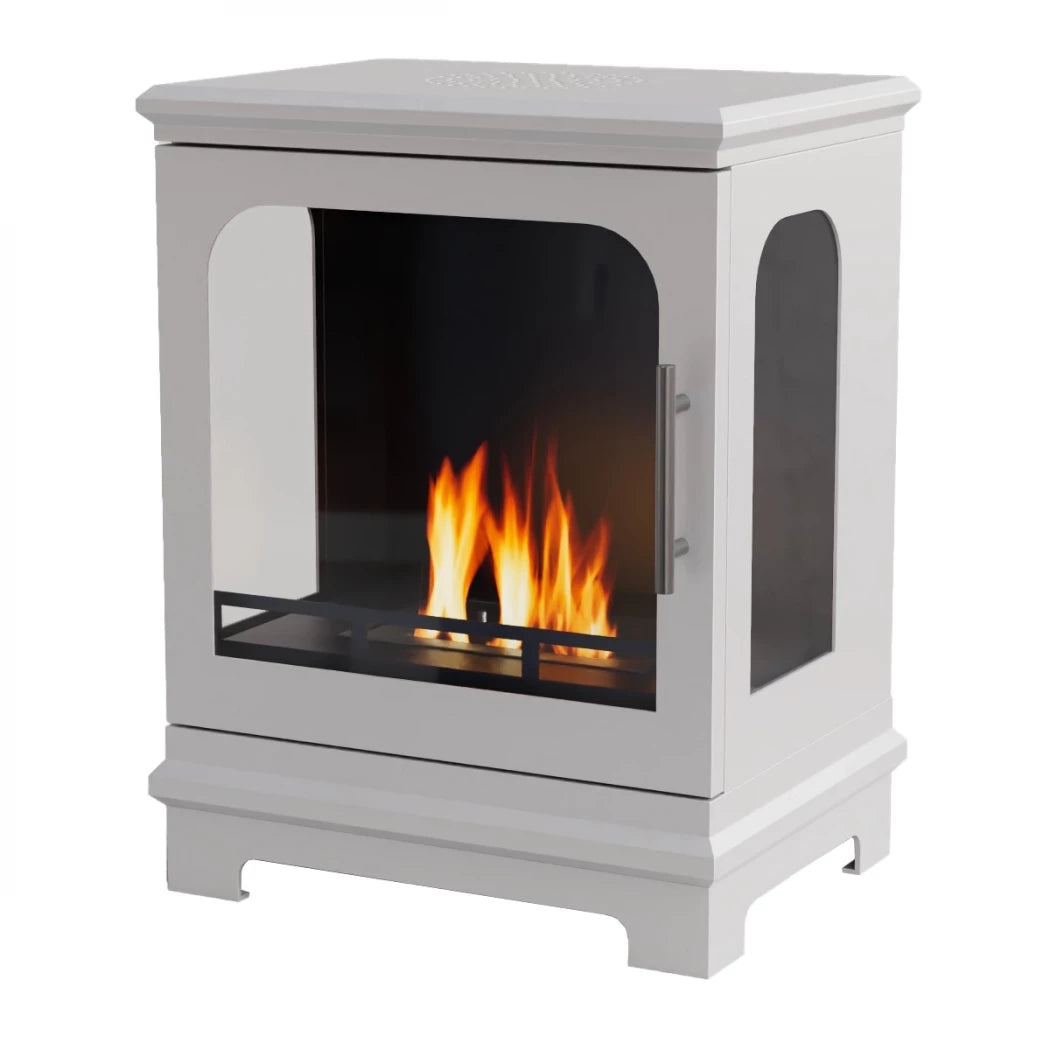 White freestanding fireplace with visible flames on a white background