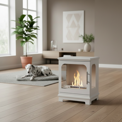 White freestanding fireplace with a dog lying on a rug in a living room.