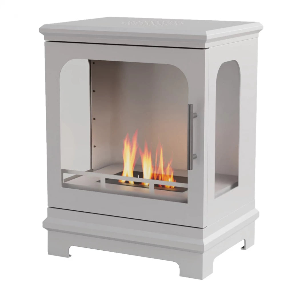 White corner fireplace with visible flames on a white background