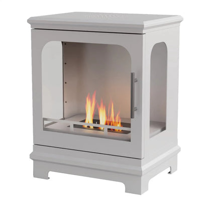 White corner fireplace with visible flames on a white background