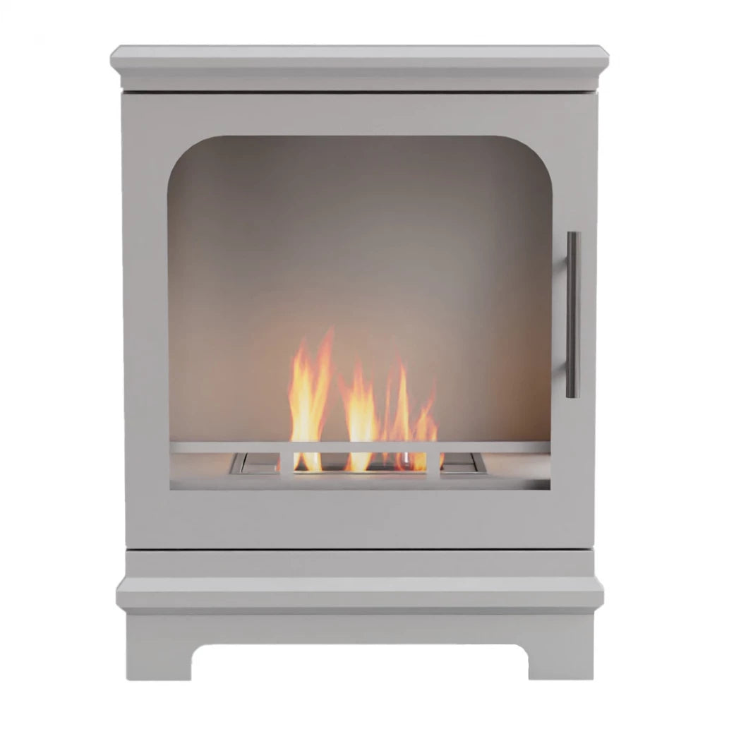 White freestanding fireplace with visible flames on a white background
