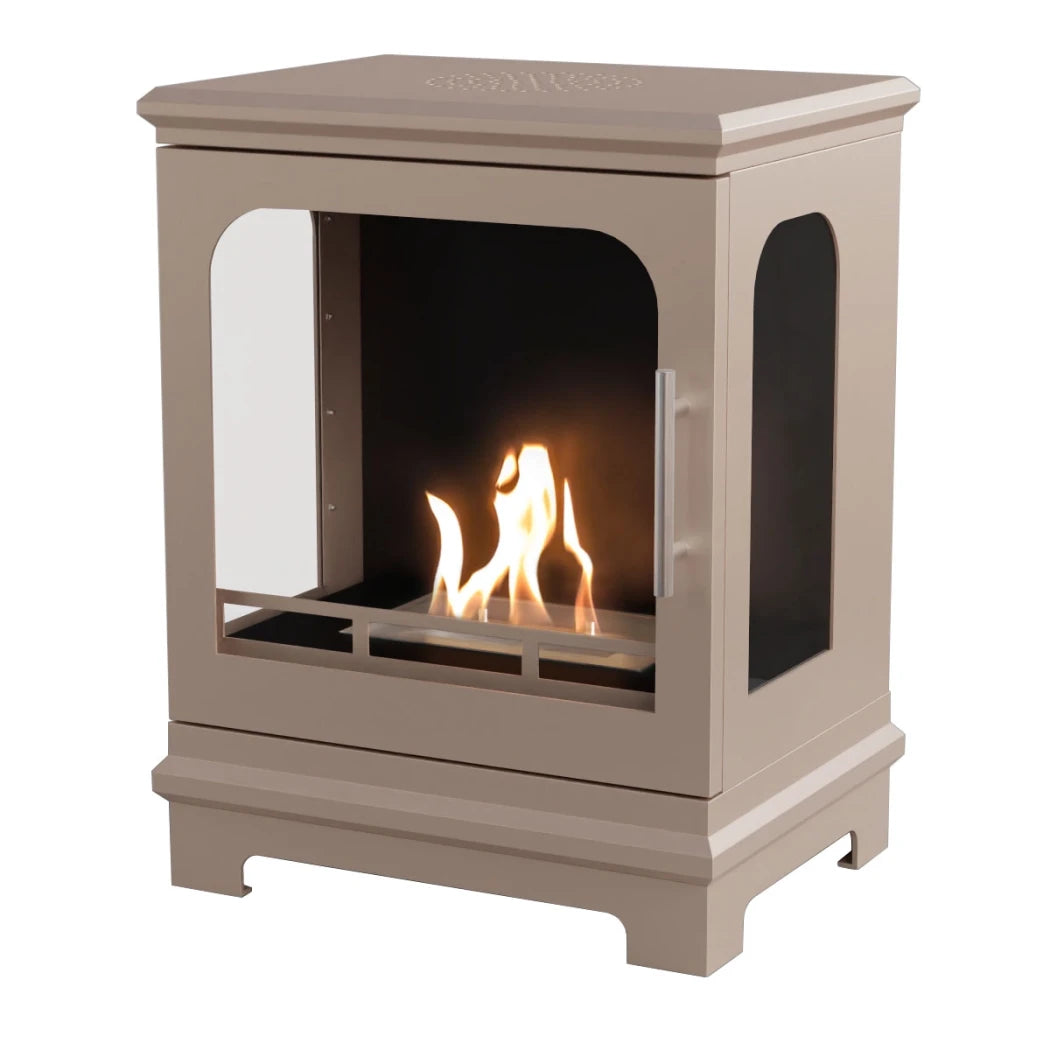 grey Beige fireplace with visible flames on a white background