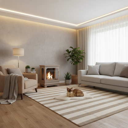 Modern living room with a fireplace, sofa, armchair, and decorative elements.