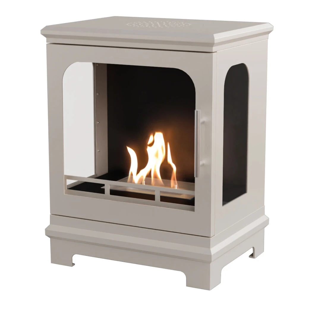 White freestanding fireplace with visible flames on a white background