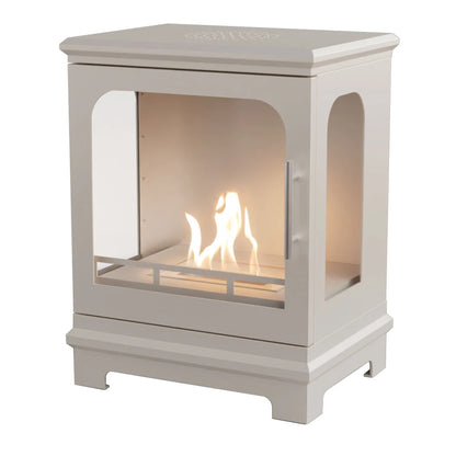 Oyster white corner fireplace with visible flames on a white background
