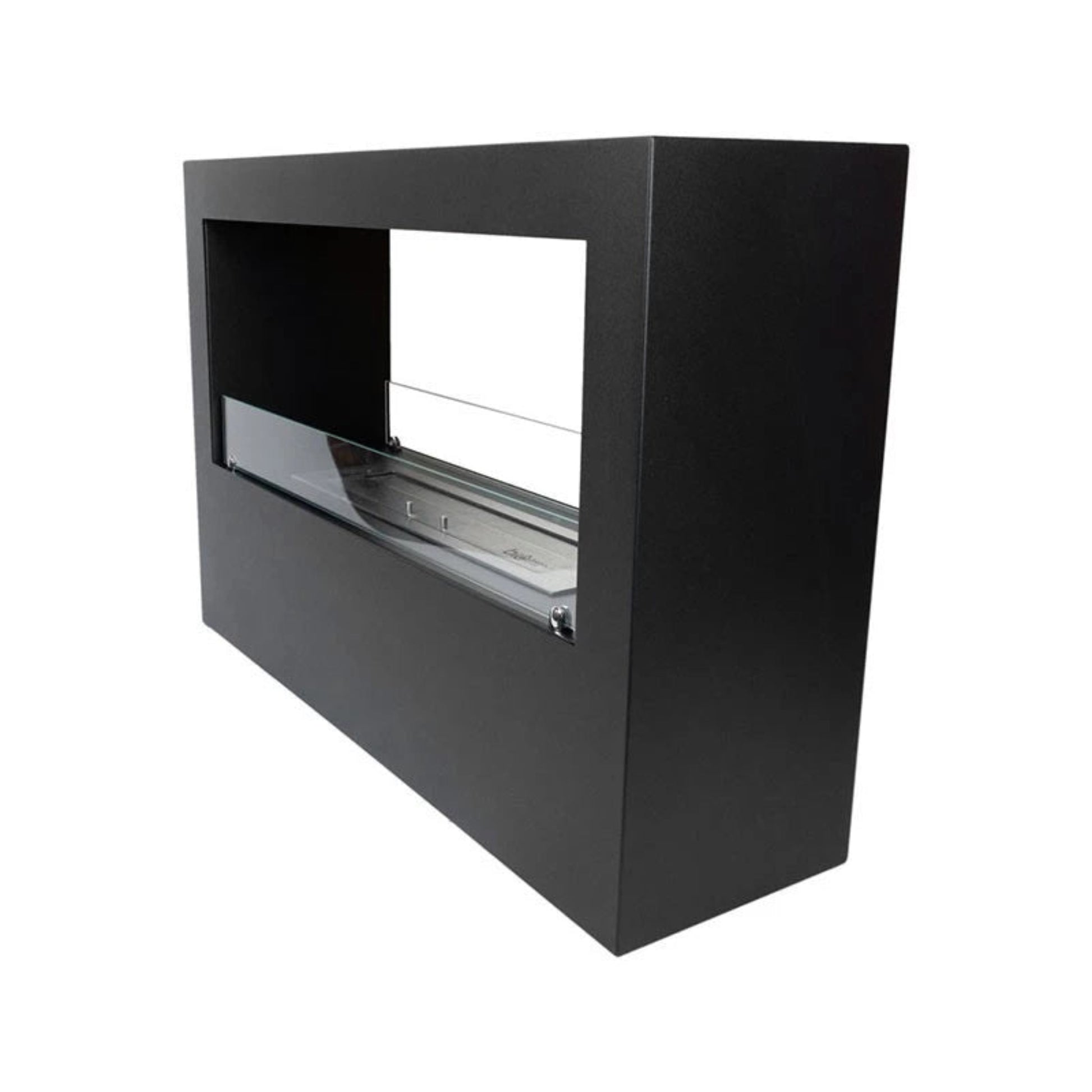 Black rectangular fireplace on a white background