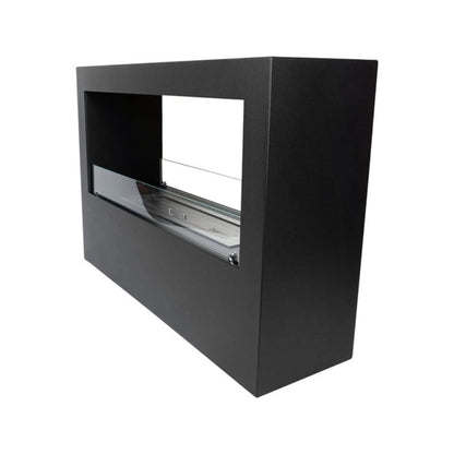 Black rectangular fireplace on a white background