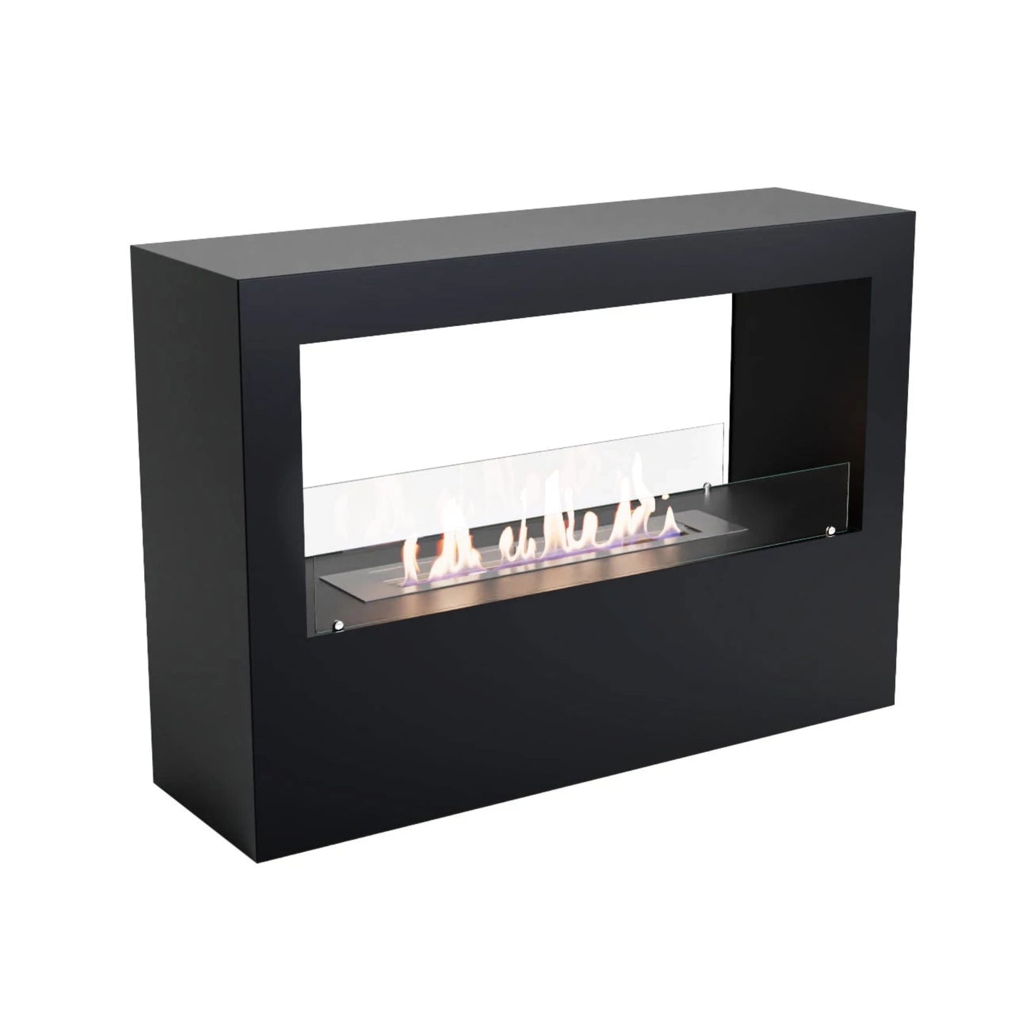 Modern black ethanol fireplace with visible flames on a white background