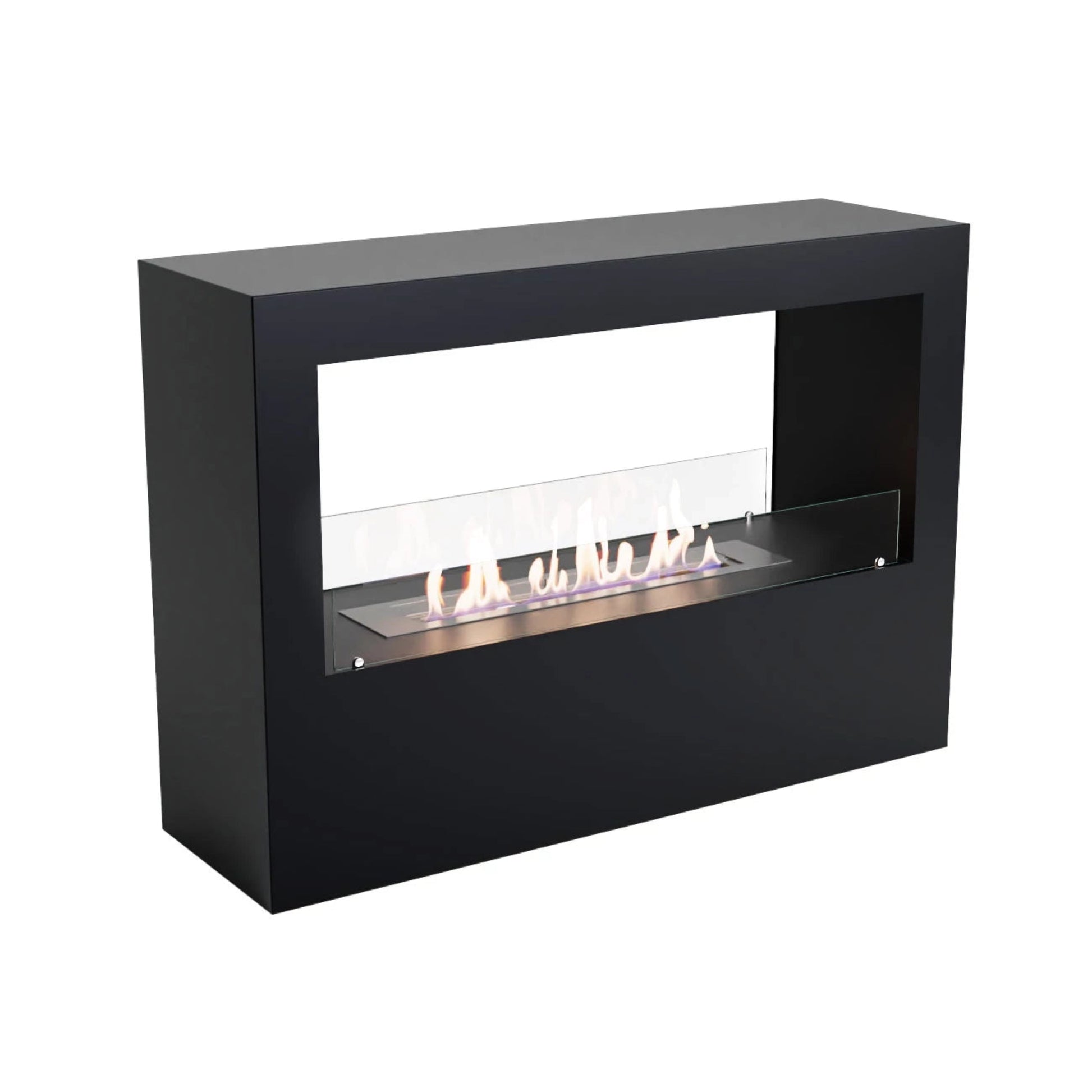 Modern black ethanol fireplace with visible flames on a white background