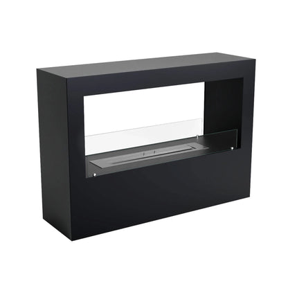 Black rectangular fireplace on a white background