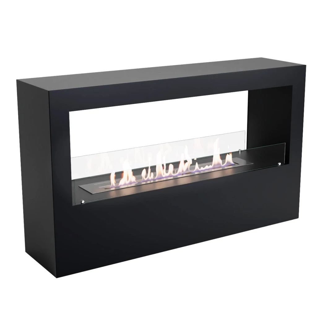 Modern black freestanding ethanol fireplace with visible flames on a white background