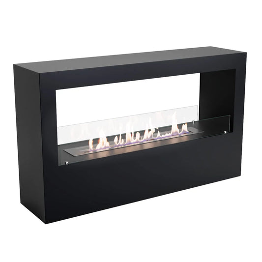 Modern black freestanding ethanol fireplace with visible flames on a white background