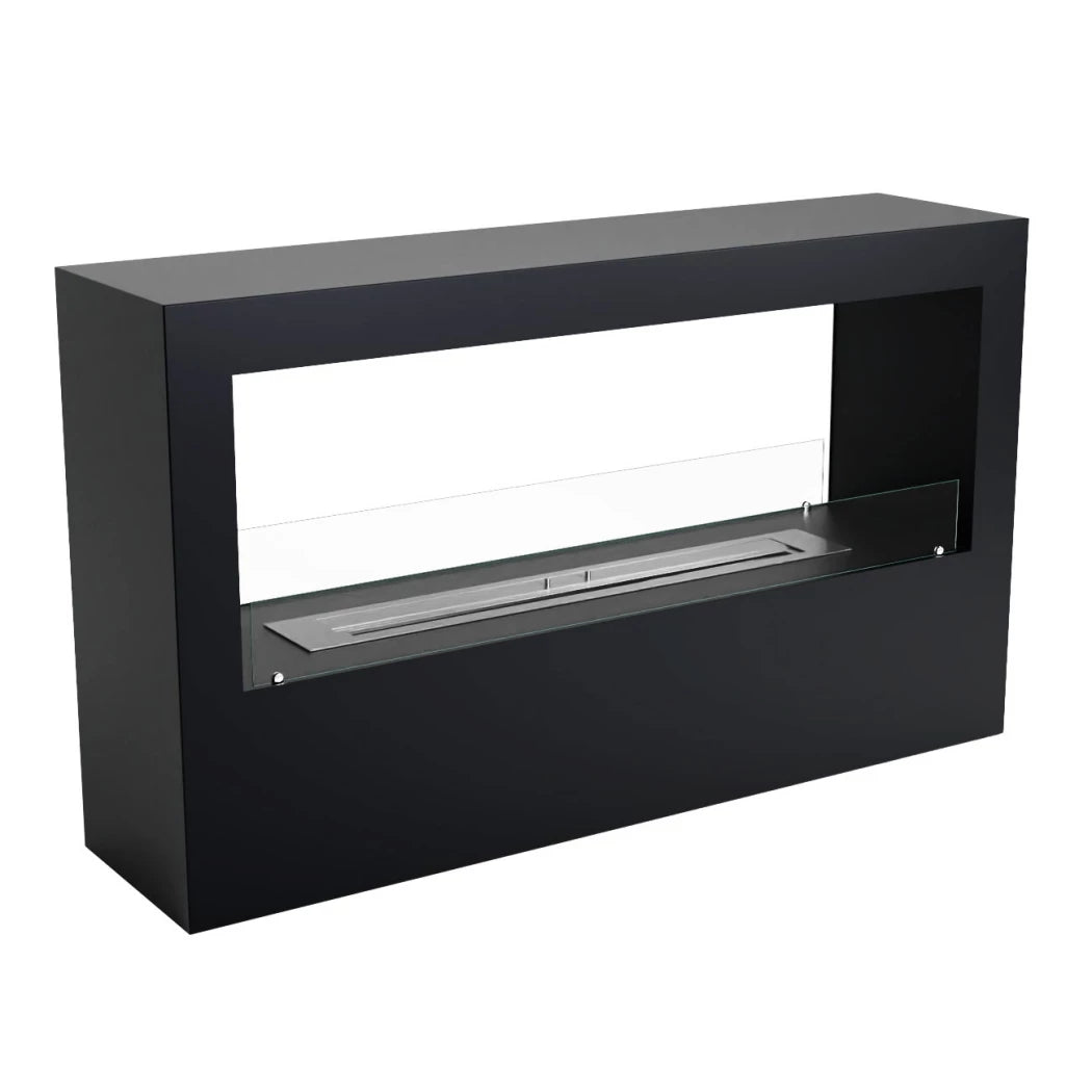 Modern black freestanding ethanol fireplace with visible flames on a white background