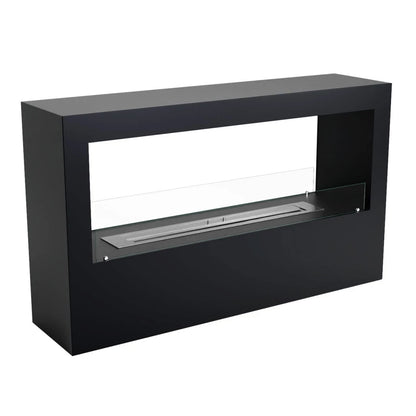 Modern black freestanding ethanol fireplace with visible flames on a white background