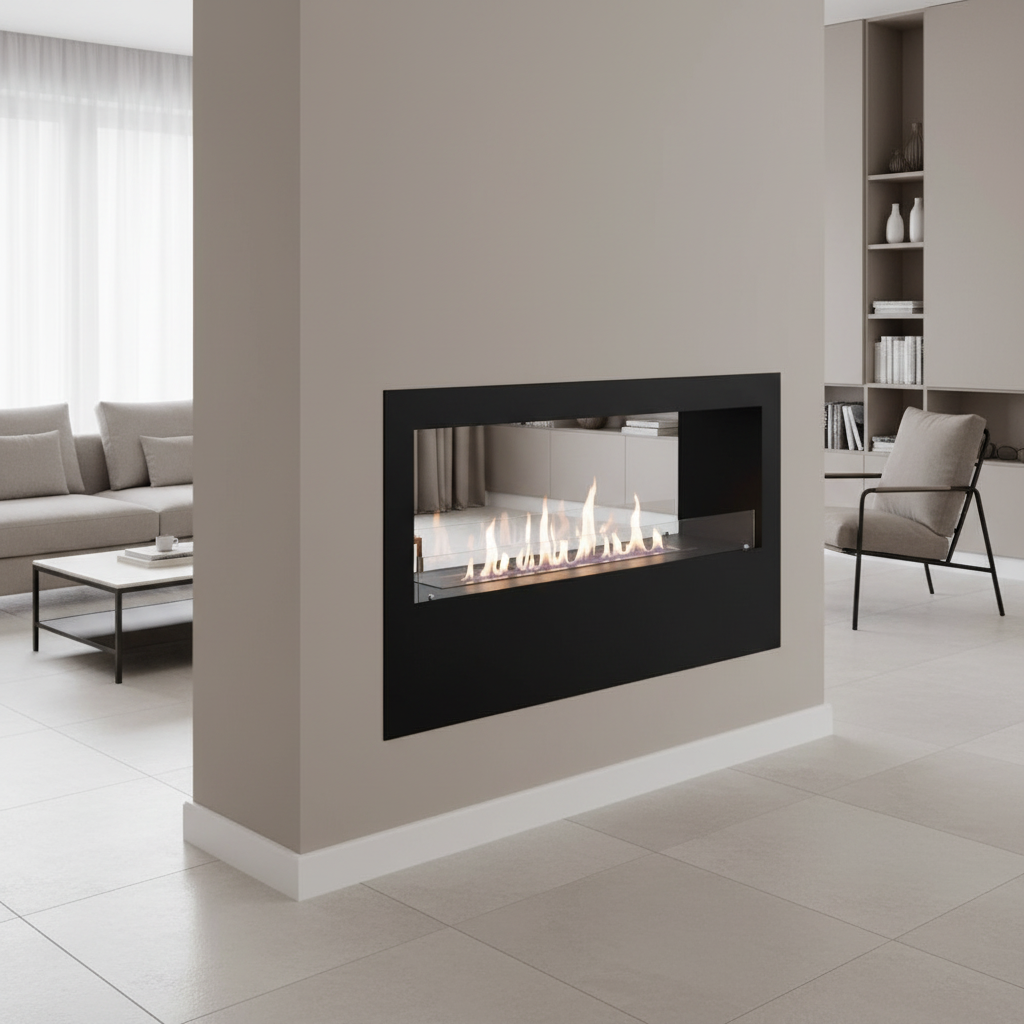 Modern living room with a bioethanol double-sided  fireplace and minimal decor.