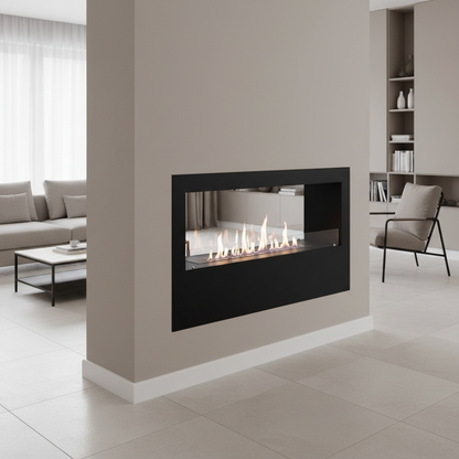 Modern living room with a bioethanol double-sided  fireplace and minimal decor.