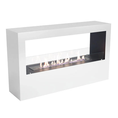 Modern white fireplace with visible flames on a white background