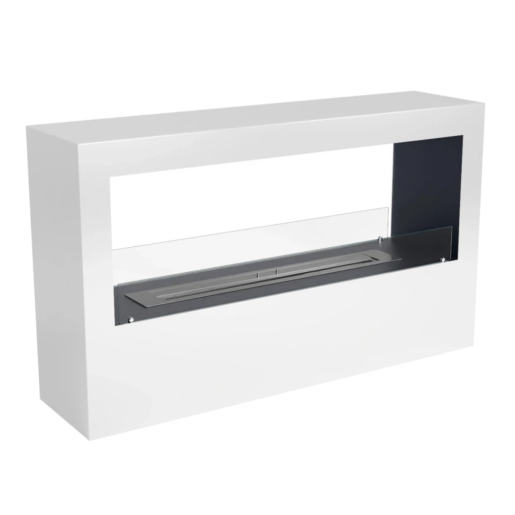 Modern white wall-mounted fireplace with glass front on a white background