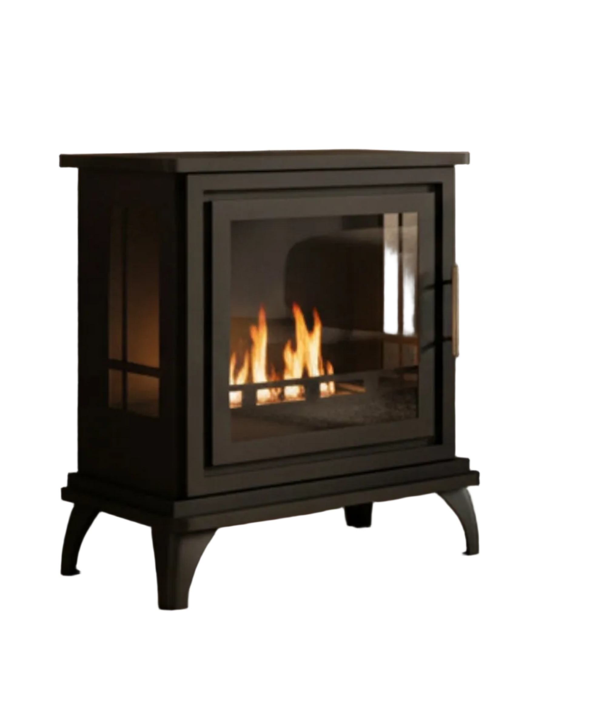 Black freestanding fireplace with visible flames on a white background