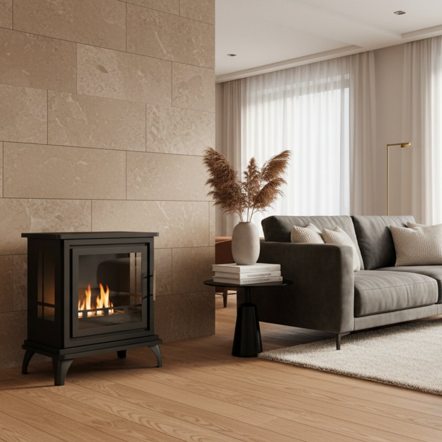 Black freestanding fireplace with visible flames on a white background