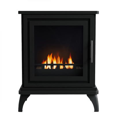 Black freestanding fireplace with flames on a white background