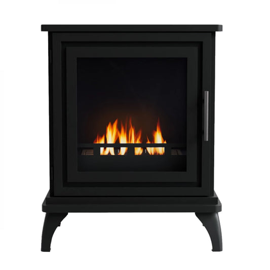 Black freestanding fireplace with flames on a white background