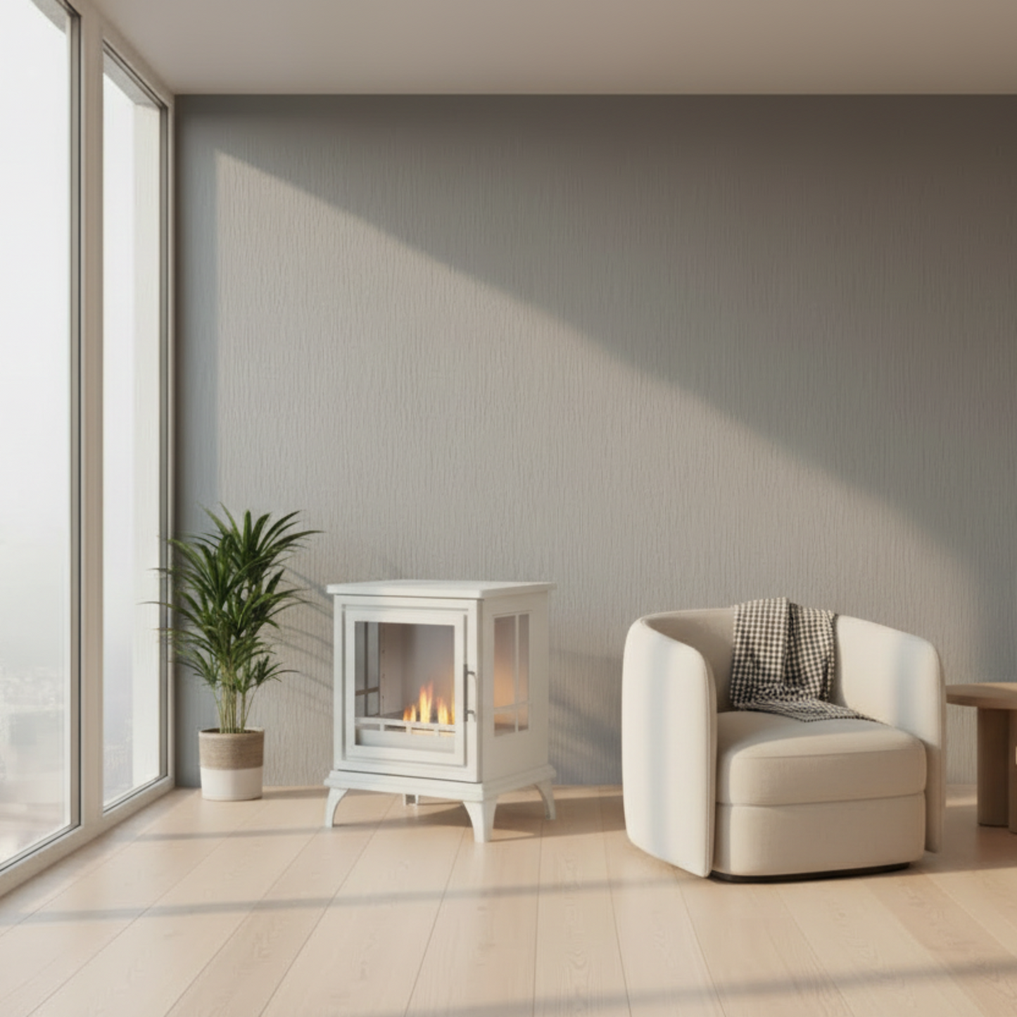 White Nashville Bioethanol stove in penthouse with plant and white armchair