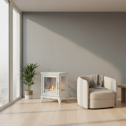 White Nashville Bioethanol stove in penthouse with plant and white armchair