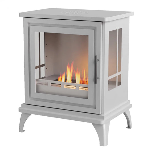 White Scandiflames Nashville fireplace with glass doors showing flames on a white background