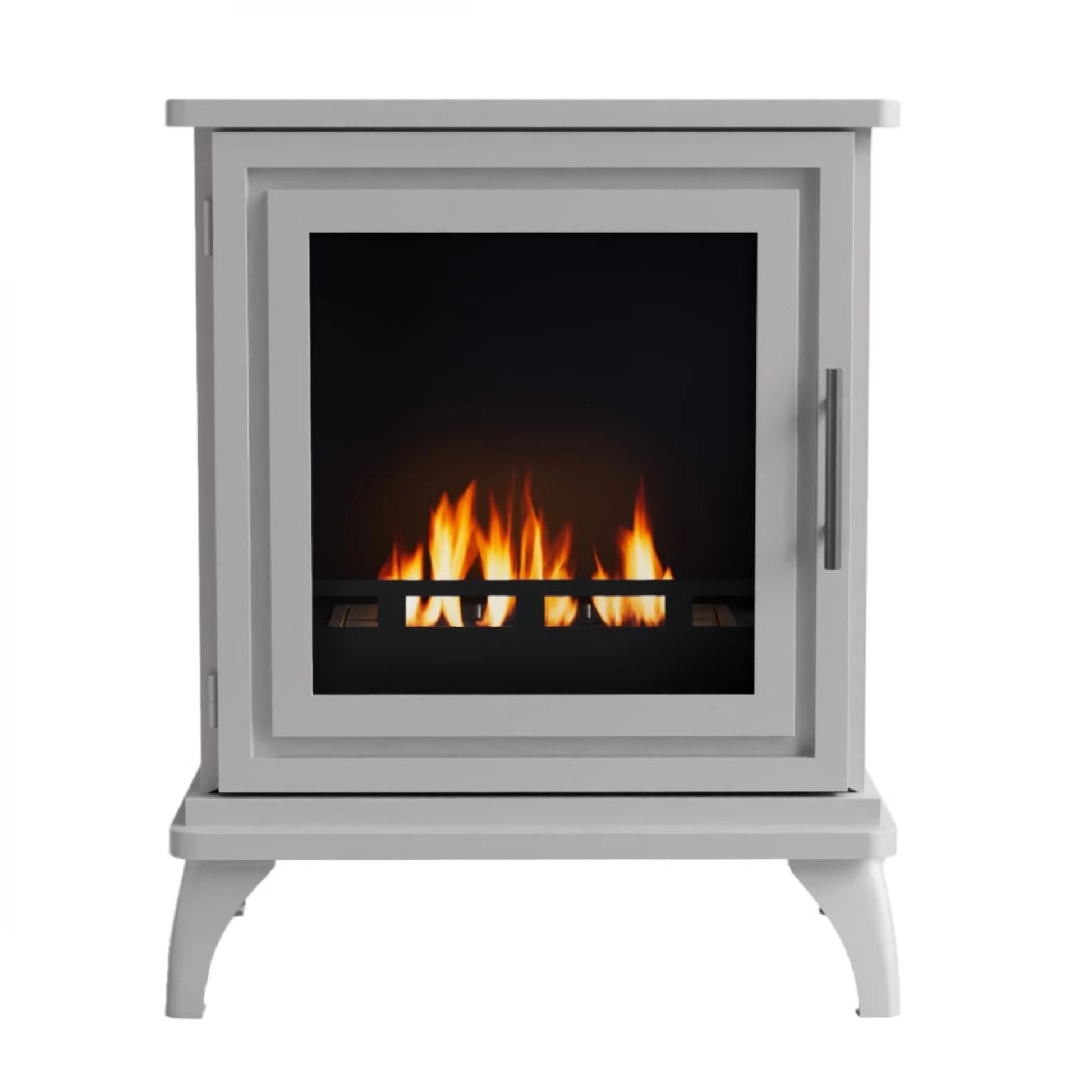 White Scandiflames Nashville freestanding electric stove with flames inside on a white background