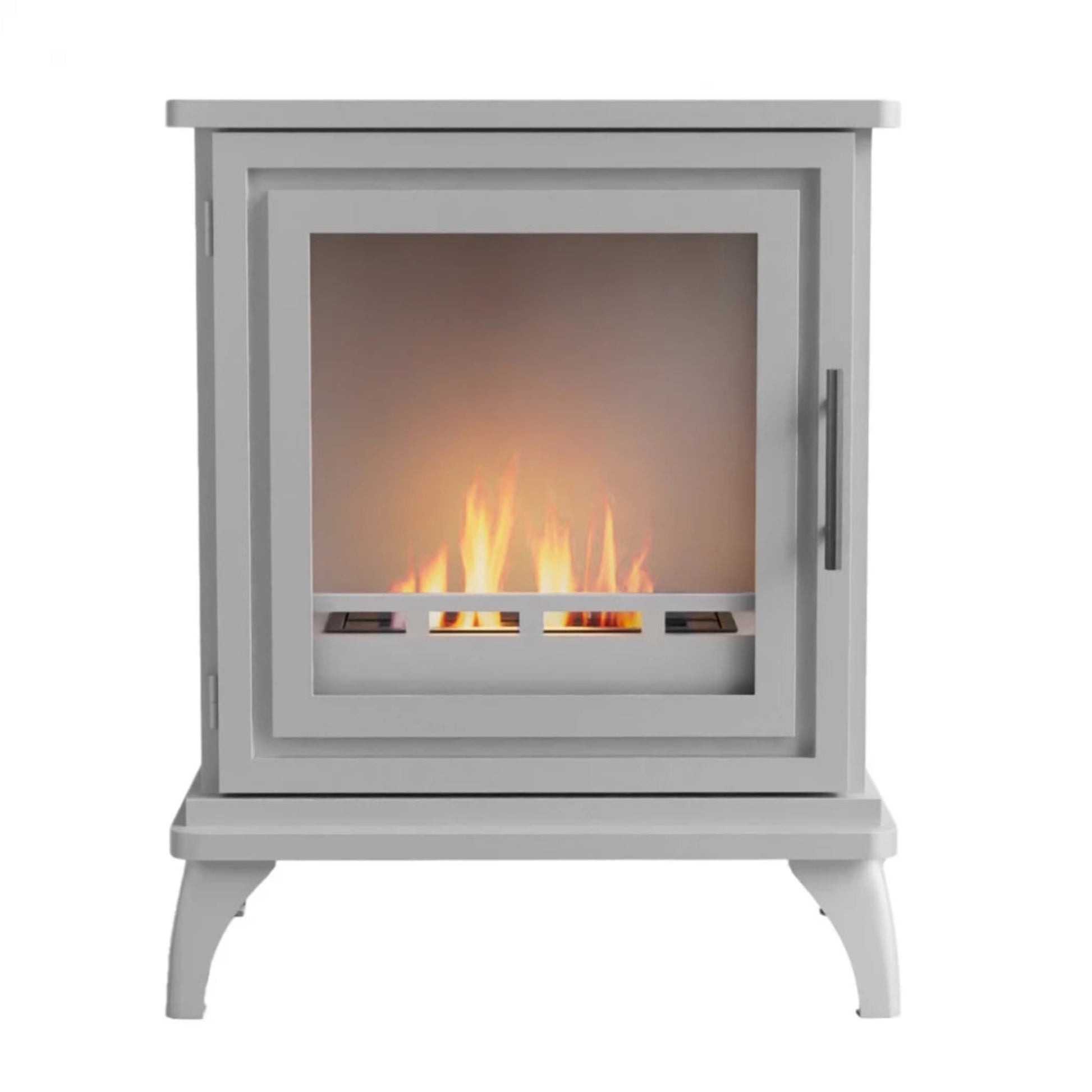 White freestanding Scandiflames Nashville stove with glass door displaying flames on a white background