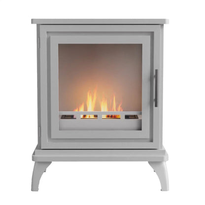 White freestanding Scandiflames Nashville stove with glass door displaying flames on a white background