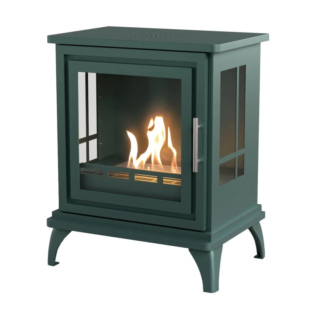 Green freestanding stove with visible flames inside on a white background