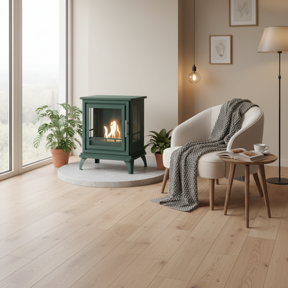 Modern living room with a green fireplace, white armchair, and wooden floor.