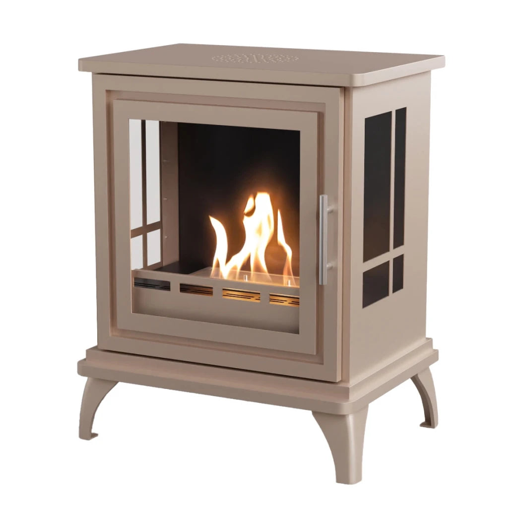 Beige freestanding stove with flames inside on a white background