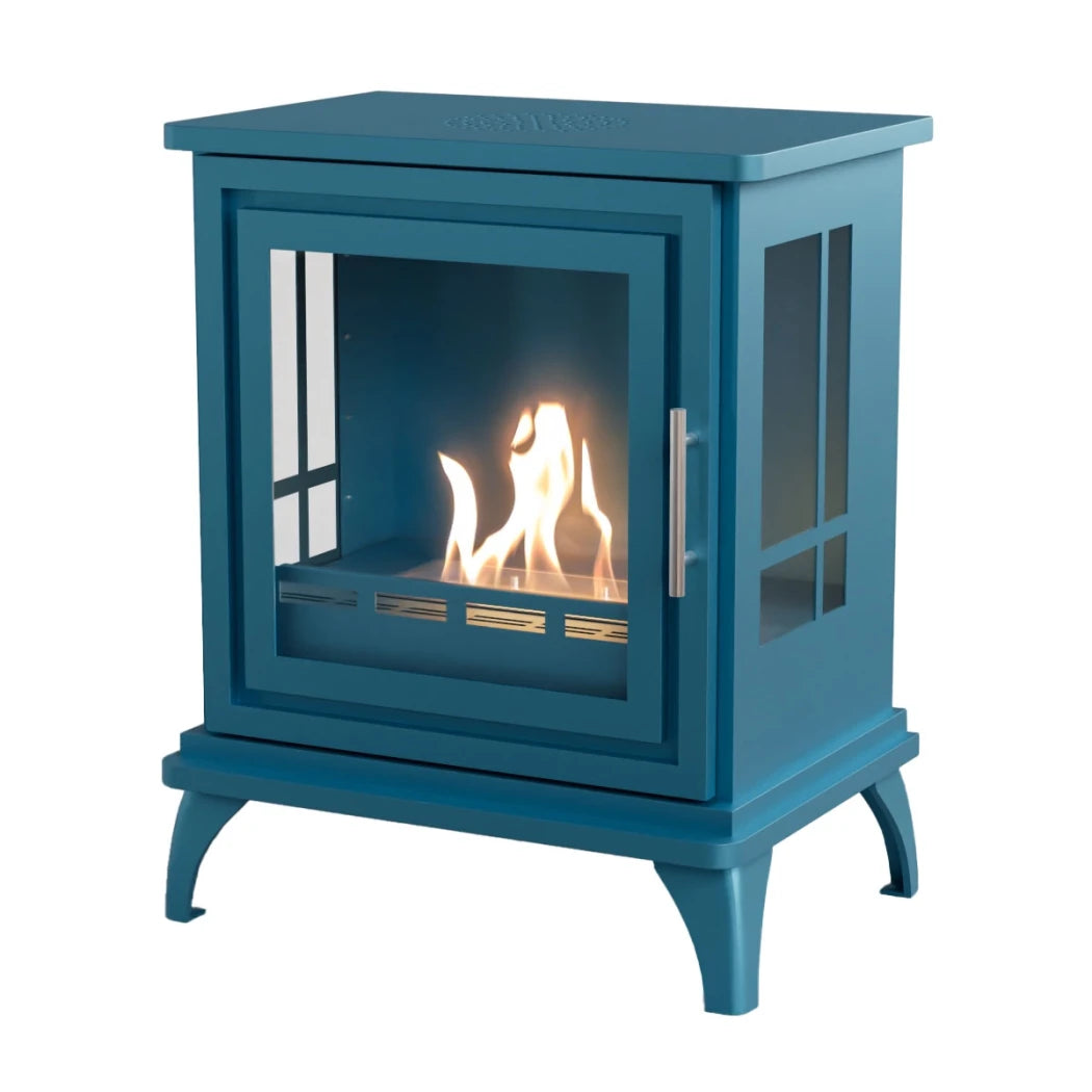 Blue freestanding fireplace with visible flames on a white background