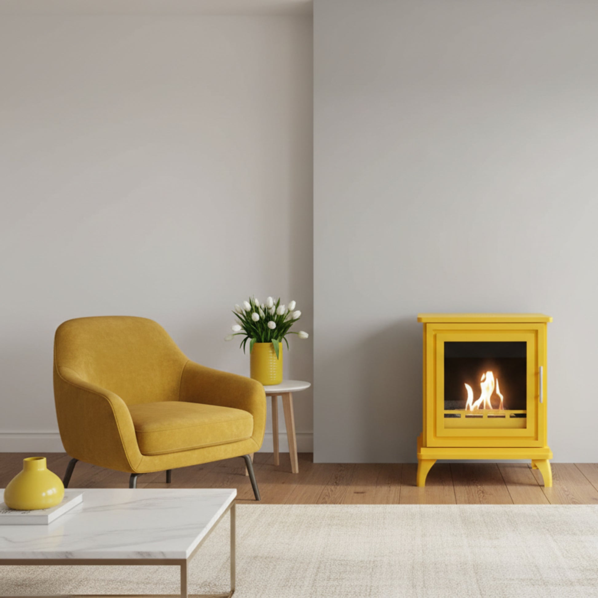 Yellow freestanding fireplace with flames inside in a neutral room with a yeelow chair and vases with white tulips.