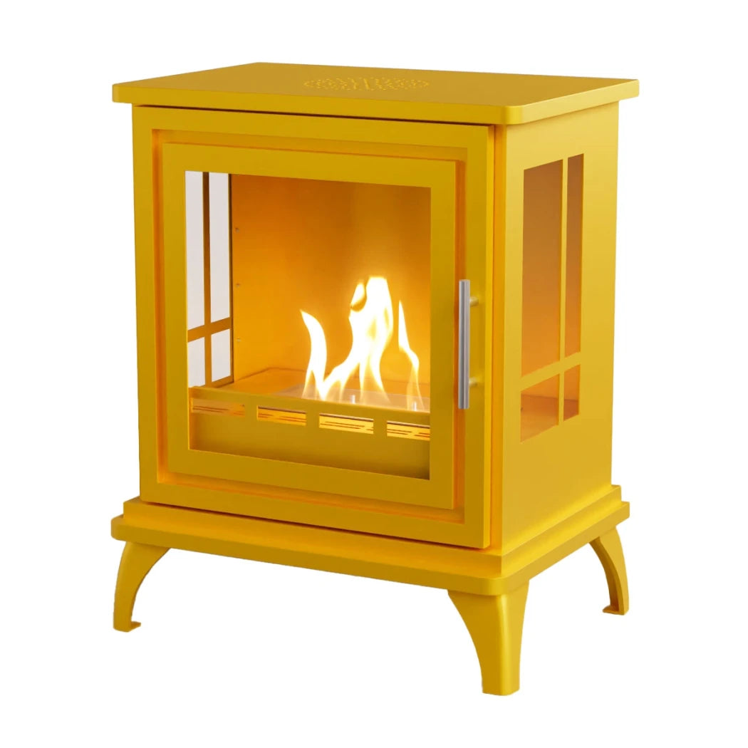Yellow freestanding fireplace with glass door on a white background