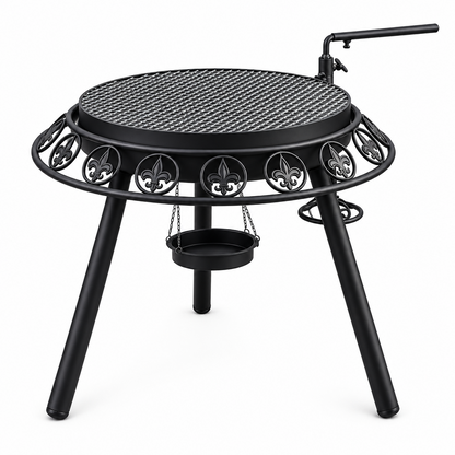Ornate Firepit with Adjustable Height Swing Arm BBQ Rack